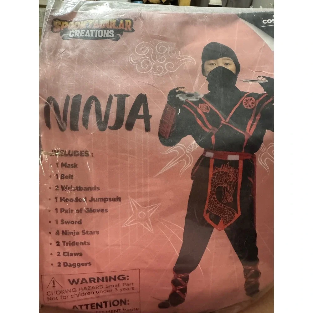 Ninja Costume Kids Size M 8-10 Red Dragon Black Halloween Warrior B2 #2